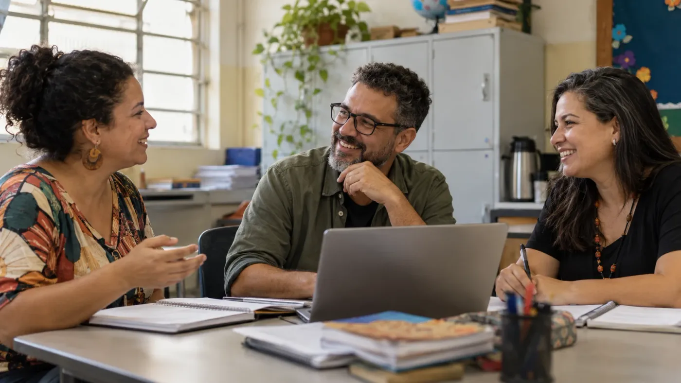 Três professores conversando e sorrindo em uma sala dos professores