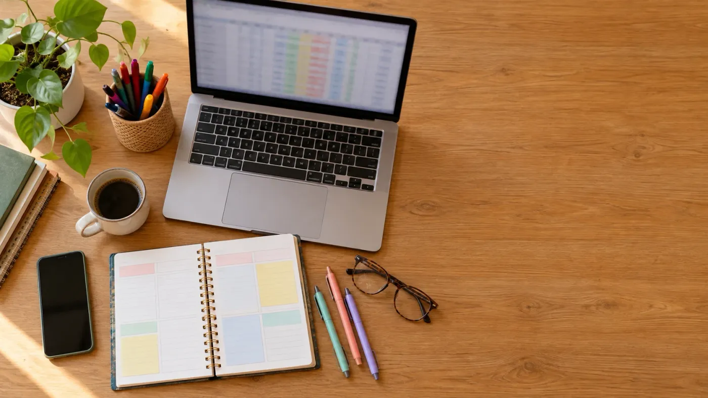 Mesa de professora com notebook, caderno de planejamento, canetas e óculos